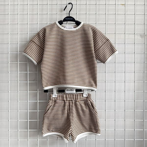 Summer Baby Boys Girls Striped Waffle Short Sleeve Top Shorts Contrast Color <strong>Kids</strong> Daily Two Piece Set - Product Image 3