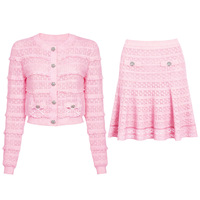 Ensemble deux pièces élégant pour femmes, design jacquard haut de gamme, haut à manches longues avec nœud et jupe mini cintrée à la taille, ensembles polyvalents