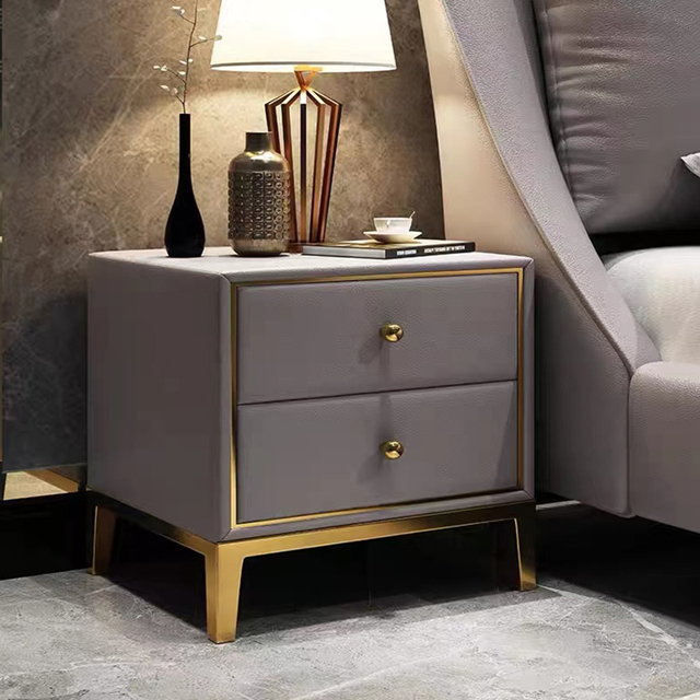 French Premium Grey Bedside Table Modern Bedroom Furniture Set Double Drawer Bedside Table