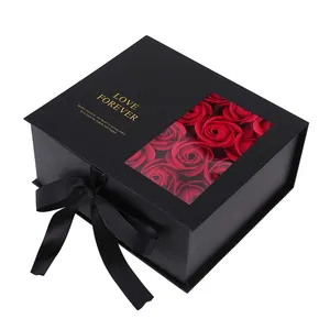 Wedding Engagement Sweet Ribbon Window Boxes Custom Logo Luxury Black I Love You Flower Rigid Magnetic Gift Box