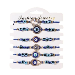 6 piezas de oro plata <span class=keywords><strong>mal</strong></span> de ojo con pulseras de diamantes, pulseras de cuerda de ojo turco de resina azul, protegen a los miembros de la familia del daño - Product Image 5