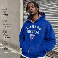 Sweat à capuche zippé imprimé personnalisé avec logo brodé 100% coton lourd délavé pour homme, style streetwear, OEM