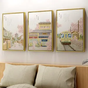 中国日式樱花街景现代帆布装饰水彩画风景墙艺术