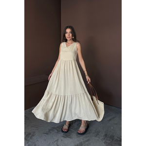 Vestido Maxi Casual Beige Holgado con Volantes y Lazos en la Espalda para Mujer Talla S - Product Image 2