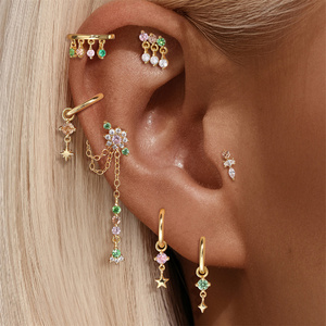 Pendiente de Oreja de Plata de Ley S925 Chapado en Oro con Colgante de Circonita Cúbica Colorida, Sin Perforación, Ajustable, con Clip, para Mujer - Product Image 5