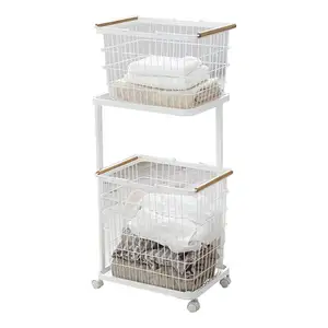 2-tier Laundry Hamper Metal Baskets Removable Trolley Clothes Hamper Wooden Rod Handle Laundry Hampers