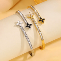 Bracelet jonc trèfle à quatre feuilles avec zircon, acier inox plaqué or 18K, bijou cadeau tendance femme