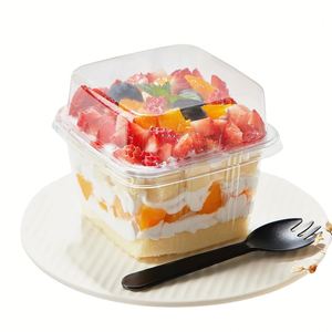 Wholesale Disposable Cake Cups Yogurt Parfait Containers Pudding Cups 8 oz Square <b>Clear</b> Plastic Dessert Cups with Lids and Spork - Product Image 4