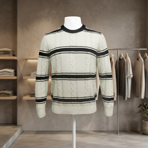 Pull en tricot à col rond pour homme, à rayures noires et blanches, ajouré, à manches longues - Product Image 1