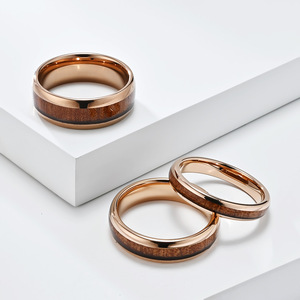 แหวนเหล็กทังสเตนฝังไม้ ดีไซน์เรขาคณิต แหวนแต่งงาน สำหรับทั้งชายและหญิง เครื่องประดับชั้นดี - Product Image 1