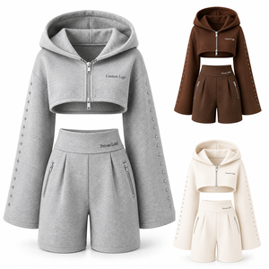 Ensemble deux pièces pour femme : Sweat à capuche court zippé et short taille haute imprimé en coton, coupe oversize, décontracté, respirant, léger - Product Image 1