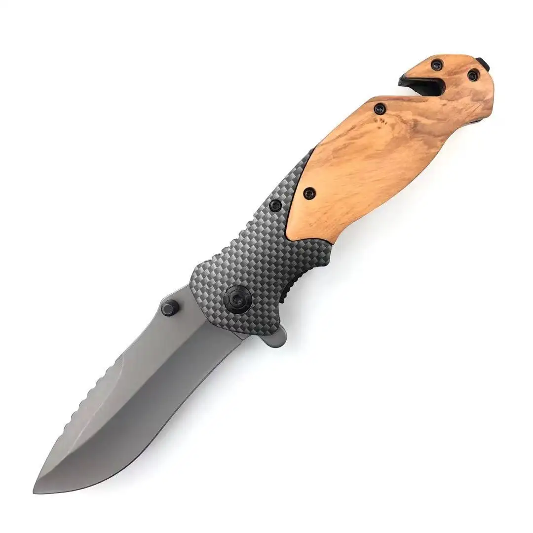 Cuchillo de bolsillo plegable con mango de madera X50, multisupervivencia, con cortador de cinturón y interruptor de vidrio