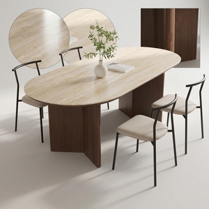 <span class=keywords><strong>Tavolo</strong></span> da Pranzo Ovale <span class=keywords><strong>in</strong></span> Pietra Sinterizzata Lumio, Stile Travertino Vintage con Gambe <span class=keywords><strong>in</strong></span> <span class=keywords><strong>Legno</strong></span> Massello per Casa Moderna - Product Image 3