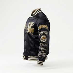 Chaqueta Varsity Negra de Satén para Hombre, con Letras Bordadas, Botones a Presión, Diseño Personalizable, Forro Polar de Invierno, Exterior de Algodón, Estilo Béisbol - Product Image 2