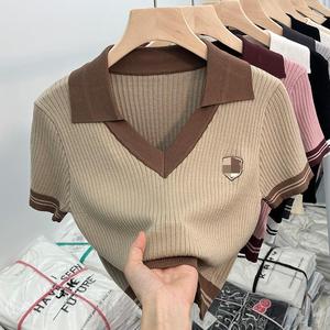 Magliette Estive da <span class=keywords><strong>Donna</strong></span> con Scollo a V in Maglia, Top in Seta Ghiaccio a <span class=keywords><strong>Maniche</strong></span> <span class=keywords><strong>Corte</strong></span>, Vendita Calda - Product Image 5