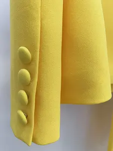 Bouton décoration printemps nouvelle veste jaune Blazer pantalon à jambes larges deux pièces élégant femmes costumes formels ensemble bureau dame tenues - Product Image 6