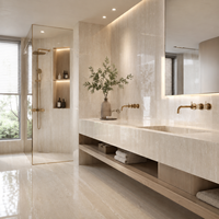 Plan de travail de cuisine moderne en pierre frittée beige de haute qualité, finition polie, aspect travertin beige