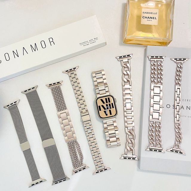 Fashion Charm Women Men Denim Chain Slim Mesh Stainless Steel Metal Band for Apple Watch 9 8 7 6 5 Ultra SE Starlight Strap