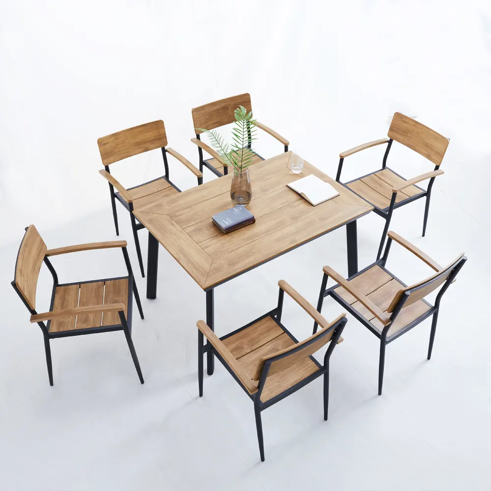 Modern style restaurant teak primary color table plastic wood table and chair