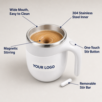 Mug à café à agitation magnétique automatique 380 ml en acier inoxydable 304, tasse mélangeuse à une touche, large ouverture, facile à nettoyer, logo personnalisé
