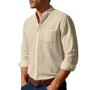Camicie Casual da <span class=keywords><strong>Uomo</strong></span> in <span class=keywords><strong>Lino</strong></span> Traspirante a Maniche Lunghe con Colletto alla Coreana in Tinta Unita Stile Cinese Moderno - Product Image 2