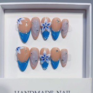 TSZS 10 Uds. <span class=keywords><strong>Uñas</strong></span> Postizas Acrílicas Reutilizables con Diseño 3D <span class=keywords><strong>de</strong></span> Concha Azul Oceánica y Flor, Hechas a Mano, Forma Almendrada, para Venta al por Mayor - Product Image 4