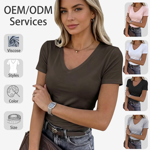 Sweethoney OEM Women's Short-Sleeve Stretch V-Neck T-Shirt Slim Fit Casual Women's V-Neck <strong>Top</strong> <strong>Viscose</strong> Solid Women's <strong>Top</strong> - Product Image 1