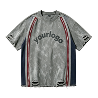 T-shirt Homme de Haute Qualité en Coton avec Strass, Patchwork, Effet Vieilli, Lavage Neige Vintage, Impression Personnalisée