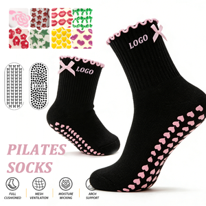 Chaussettes de yoga et de ballet pour femmes, design d'emballage personnalisé, logo de marque, en coton, avec nœud et volant, antidérapantes, pour Pilates - Product Image 1
