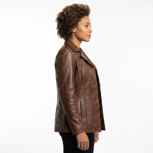 Brown Genuine <b>Leather</b> Women's <b>Blazer</b> Turn-down Collar Zipper Closure Full Sleeve Solid Woven Winter Summer Autumn Wear - Product Image 4