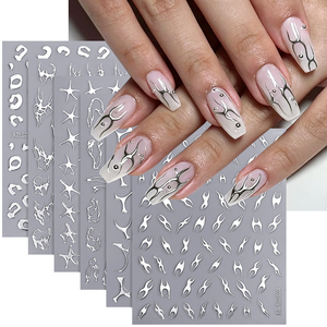6 autocollants pour ongles dorés Y2K, <span class=keywords><strong>argent</strong></span>és métalliques, motifs abstraits, lignes ondulées irrégulières, léopard, étoile, creux, style gothique, à presser - Product Image 2