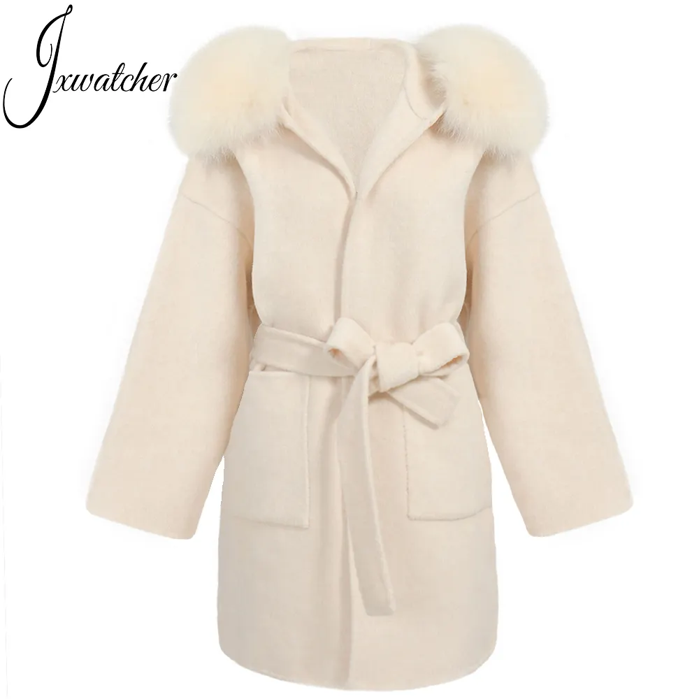 Fashion Solid Color Wholesale Loose Fall Winter Cashmere Fur Coat Belted Women Double Faced Hooded Wool Cashmere Coats with Fur