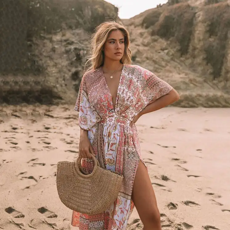 V Neck Split Tunic Print Dress Boho Irregular Beach Sun Cover up