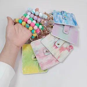 PU leather colorful gradient glitter silicon beads bracelet key ring keychain wristlet wallet wristband card holder