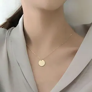 Kalung Liontin Koin Emas Bulat untuk Wanita, Rantai Lingkaran Cakram Geometris Sederhana Minimalis Berlapis Emas Perak Murni 925