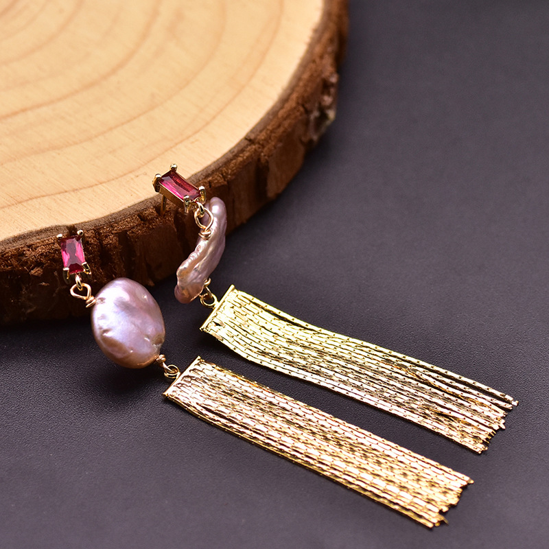 GE0656-6 Purple Baroque Pearl Tassel Dangle Earrings