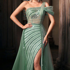 Abito da Sera di Lusso <span class=keywords><strong>Verde</strong></span> <span class=keywords><strong>Menta</strong></span> Dea Elegante Monospalla con Spalline e Inserti di Paillettes con Perline per Feste e Ballo - Product Image 6