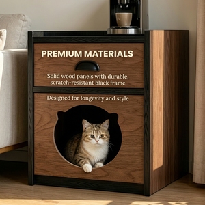 <span class=keywords><strong>Table</strong></span> <span class=keywords><strong>de</strong></span> chevet multifonctionnelle 2-en-1 en bois moderne avec tiroir et maison pour chat, mobilier pour animaux <span class=keywords><strong>de</strong></span> compagnie pour chambre/salon/appartement - Product Image 1