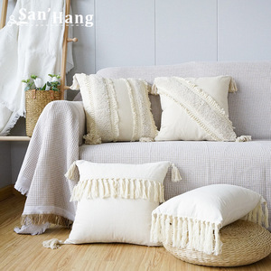 Vỏ Gối Dệt Tay Boho Chần Bông Màu Trắng Vỏ Gối Bằng Cotton Có Tua Rua Gối Trang Trí - Product Image 2