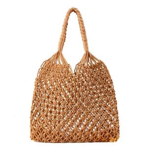 Bolso de Mano de Moda, Hecho a Mano, de Cuerda de Algodón Tejida, Bolso de Hombro Calado para Mujer, Bolso de Playa - Product Image 1