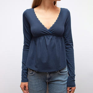 Suéter de Punto con Cuello en V de Encaje para Mujer, Cintura Alta, Dobladillo en Línea A, Color Sólido, Manga Larga, Top Dulce y Delgado, Jersey de Otoño - Product Image 5