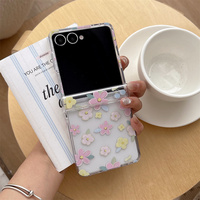 Coque de téléphone imprimée florale pastel Cottagecore pour Galaxy Z Flip 8-3 avec sangle mignonne en perles de cristal, housse de protection pliable