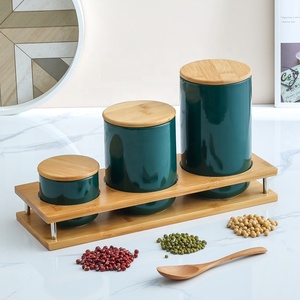 Precio barato de fábrica SWT Tarro personalizado Color verde con tapa de bambú Juego de almacenamiento de alimentos Recipiente Tarro de cocina de cerámica - Product Image 4