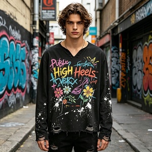 T-shirt Homme à Manches Longues Personnalisé par Fabricant ODM Haut de Gamme, Imprimé Numérique Effet Encre Éclaboussée, Dessiné à la Main, Effet Vieilli - Product Image 3