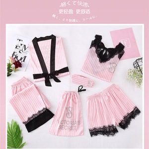 Pijama de seda helada térmica transpirable para mujer, estilo otoño, con pedrería, rayas y bloques de color, y ribete de encaje, tipo bata. - Product Image 3