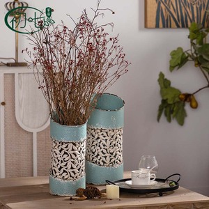 Vase en métal de style américain, rond, shabby chic, finition vieillie, décoration florale pour le bureau - Product Image 3