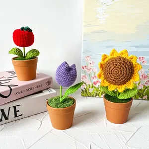 Sunflower Woven Mini Potted Knitting Flowers Lovely Forget-me-not Crochet Home Office Car Decor artificial Flower