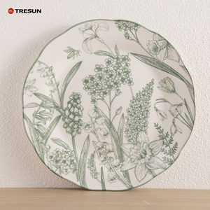 Juego de Vajilla de Cerámica de Dos Tonos con Diseño Floral, Platos con Líneas Botánicas Verdes, Tazones a Rayas - Product Image 6