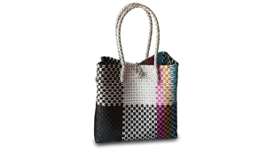 Black White Patchwork Woven <b>Tote</b> Bag Eco Friendly <b>Plastic</b> Strapping Basket Waterproof Beach Travel Shoulder Handbag Waterproof - Product Image 2
