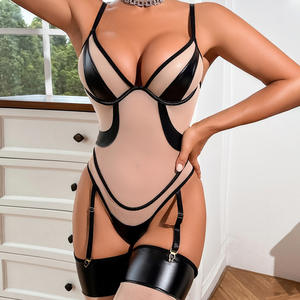 New Design Perspective Mesh PU Leather Splicing Jumpsuit Sexy Erotic Woman Bodysuit With <b>Stocking</b> - Product Image 1